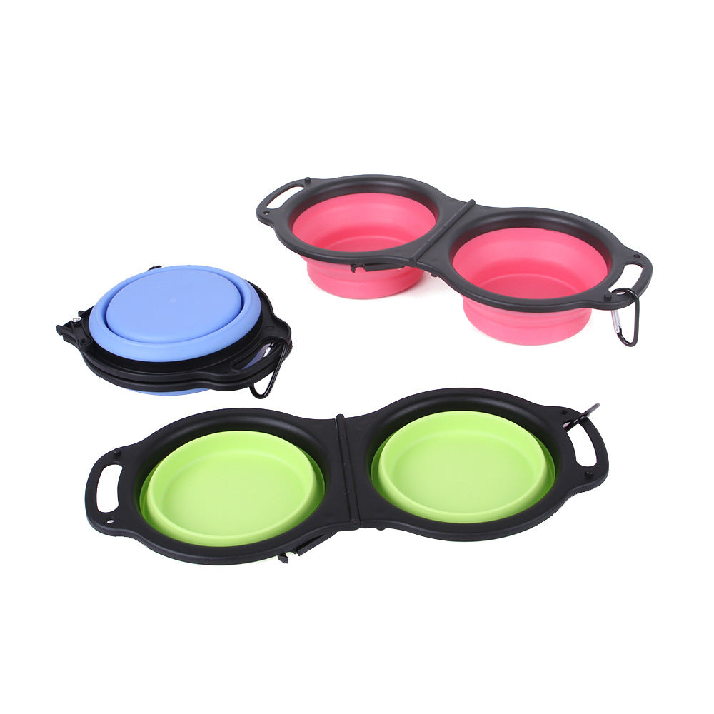 Portable folding silicone double bowl for dogs and pets