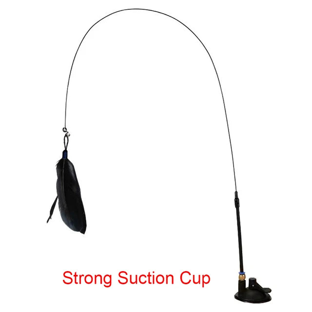 Interactive cat teaser toy with feathers, bell, and suction cup