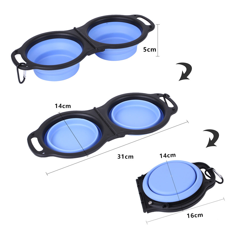 Portable folding silicone double bowl for dogs and pets