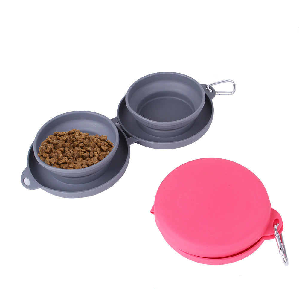 Folding silicone double pet bowl portable for dogs and cats