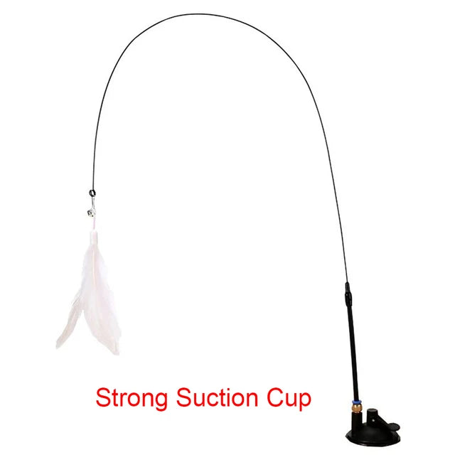 Interactive cat teaser toy with feathers, bell, and suction cup