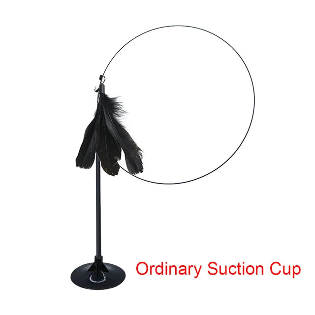 Interactive cat teaser toy with feathers, bell, and suction cup