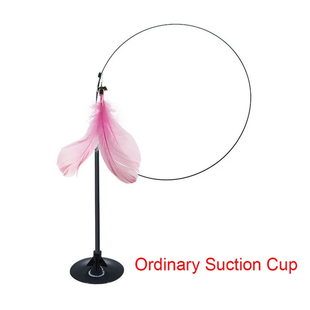 Interactive cat teaser toy with feathers, bell, and suction cup
