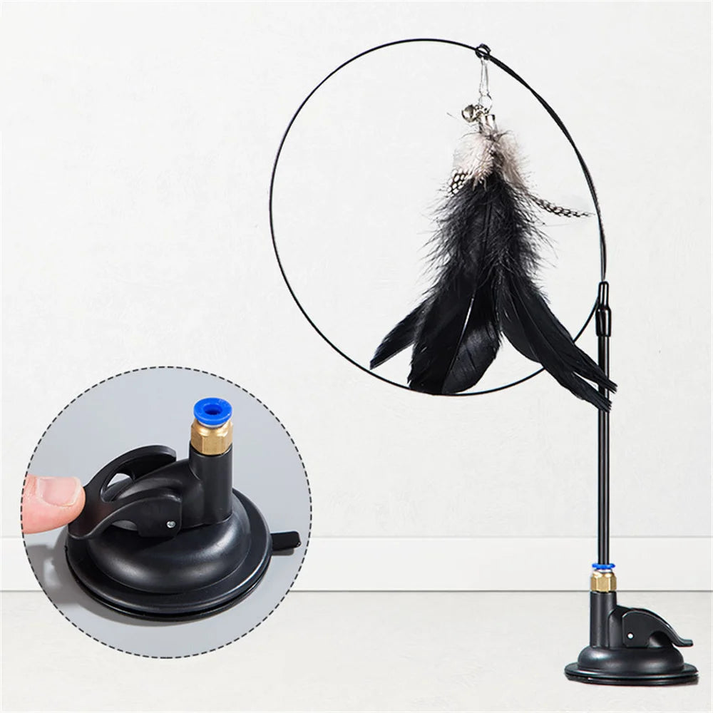 Interactive cat teaser toy with feathers, bell, and suction cup
