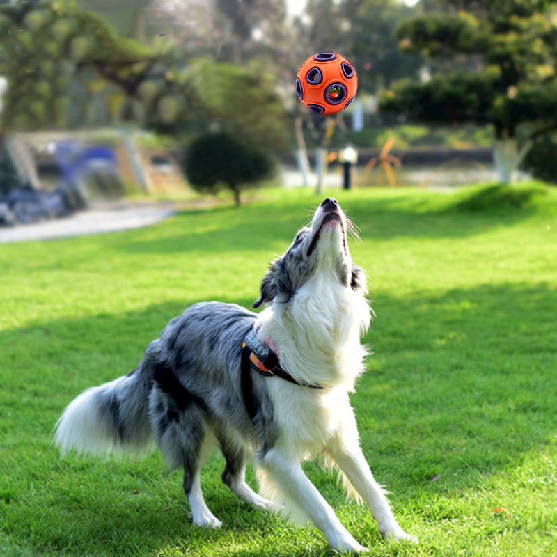 Interactive dog chew ball that dispenses treats and fun