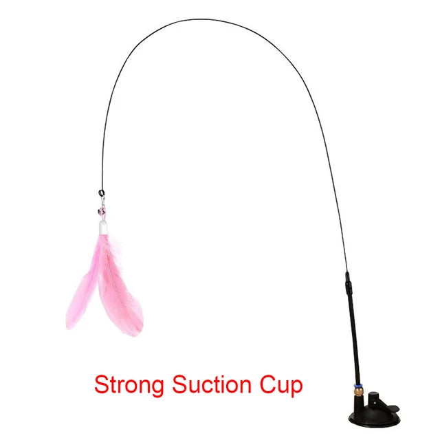 Interactive cat teaser toy with feathers, bell, and suction cup